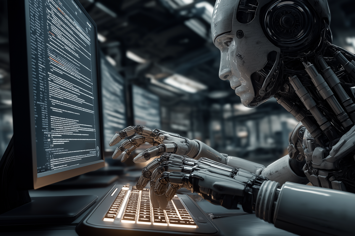 A robotic AI agent typing code on a keyboard — representing Claude Code autonomous coding execution